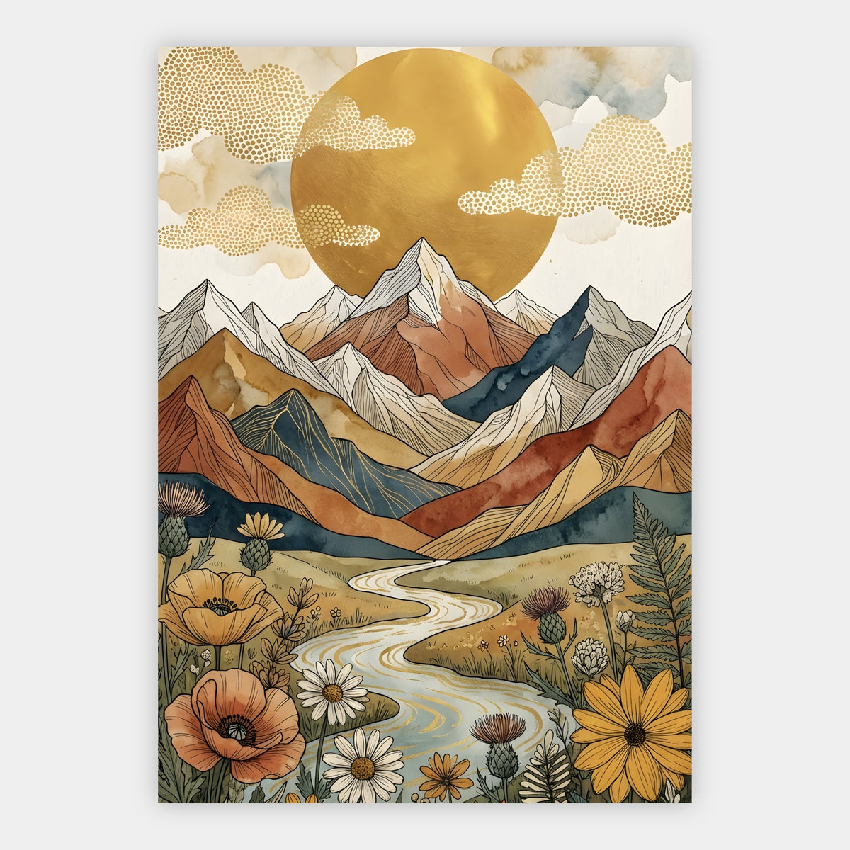 Boho Berglandschaft mit Fluss, Disteln und Sonnenblumen unter Goldsonne