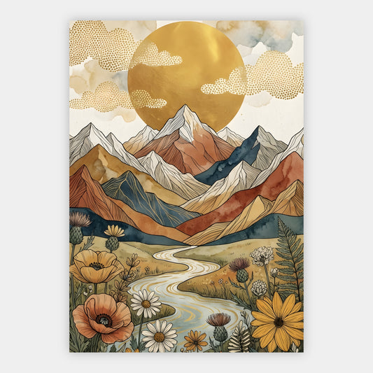 Boho Berglandschaft mit Fluss, Disteln und Sonnenblumen unter Goldsonne