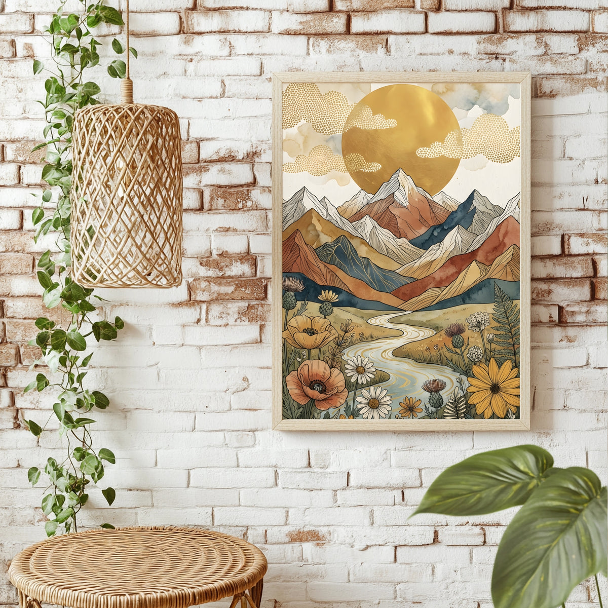 Boho Berglandschaft mit Fluss, Disteln und Sonnenblumen unter Goldsonne