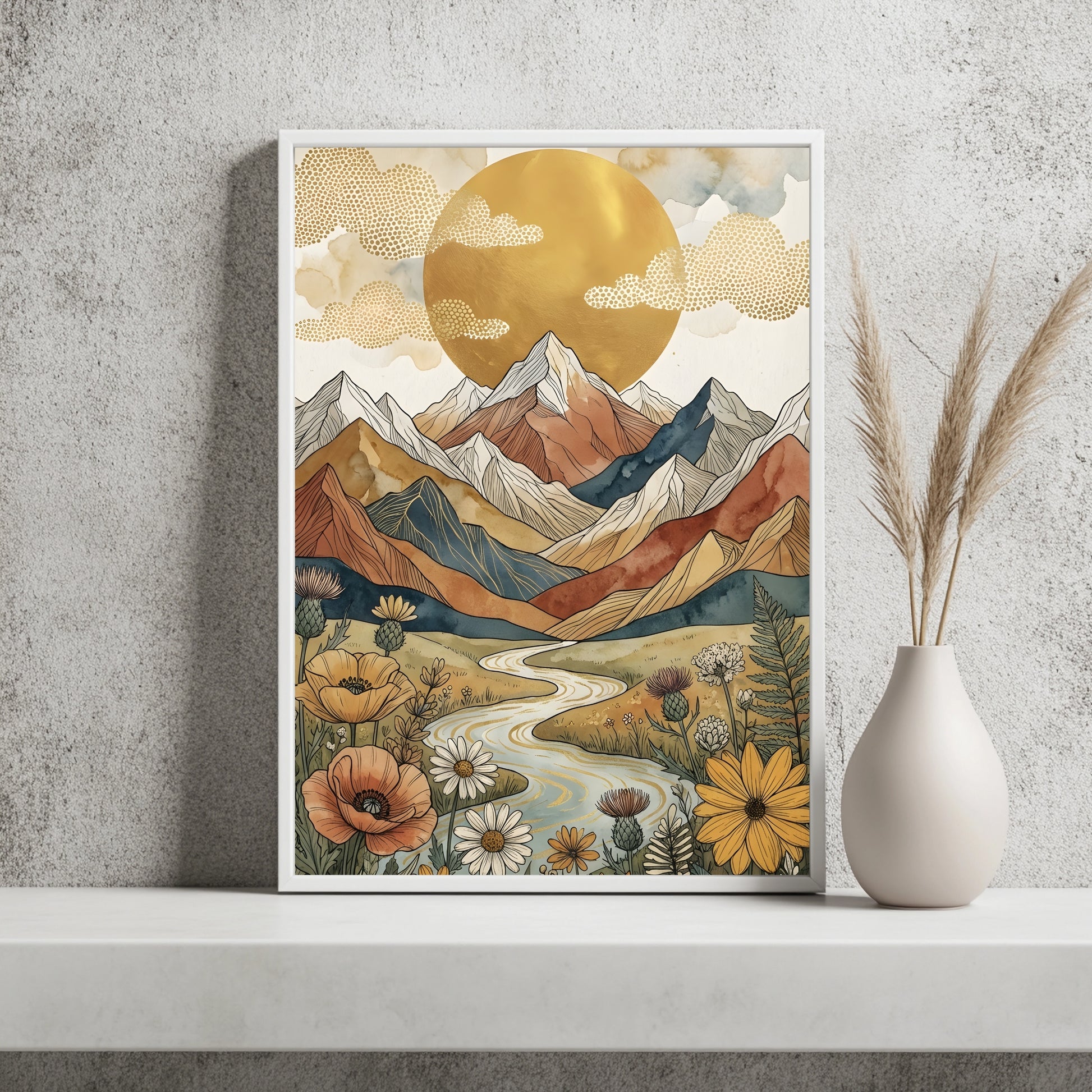 Boho Berglandschaft mit Fluss, Disteln und Sonnenblumen unter Goldsonne