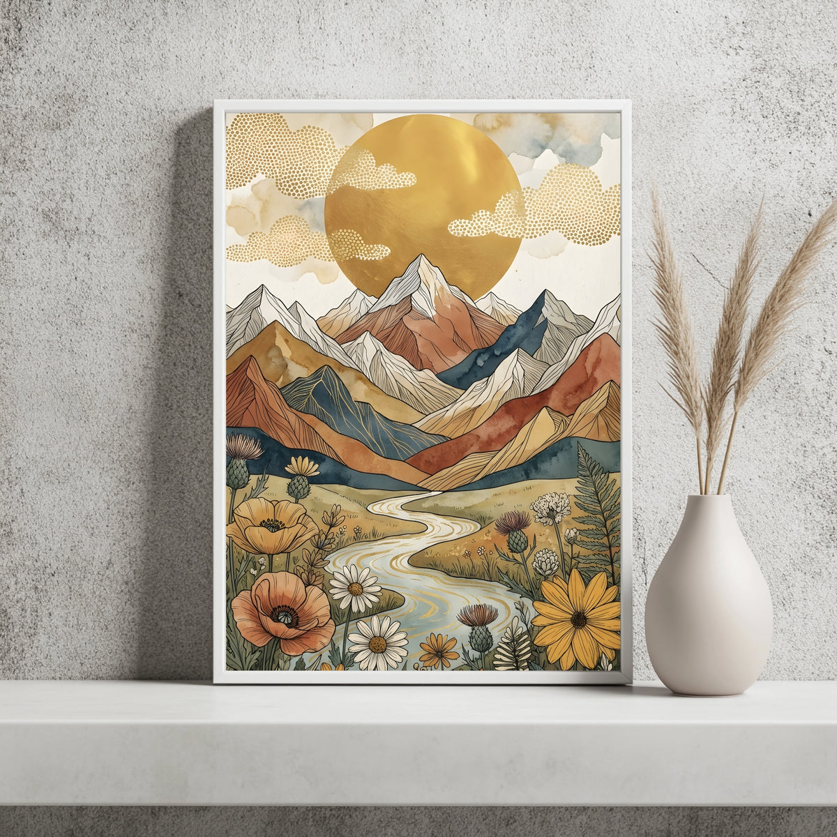 Boho Berglandschaft mit Fluss, Disteln und Sonnenblumen unter Goldsonne