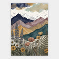 Boho Berglandschaft mit goldenem Mond, Libellen und türkisen Bergen