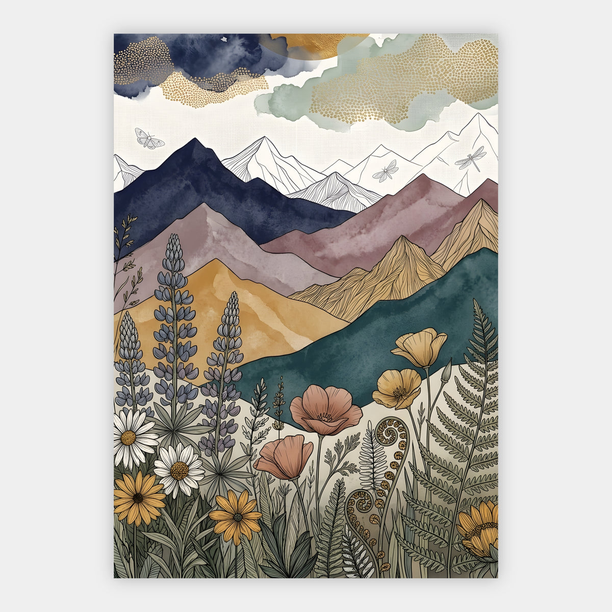 Boho Berglandschaft mit goldenem Mond, Libellen und türkisen Bergen
