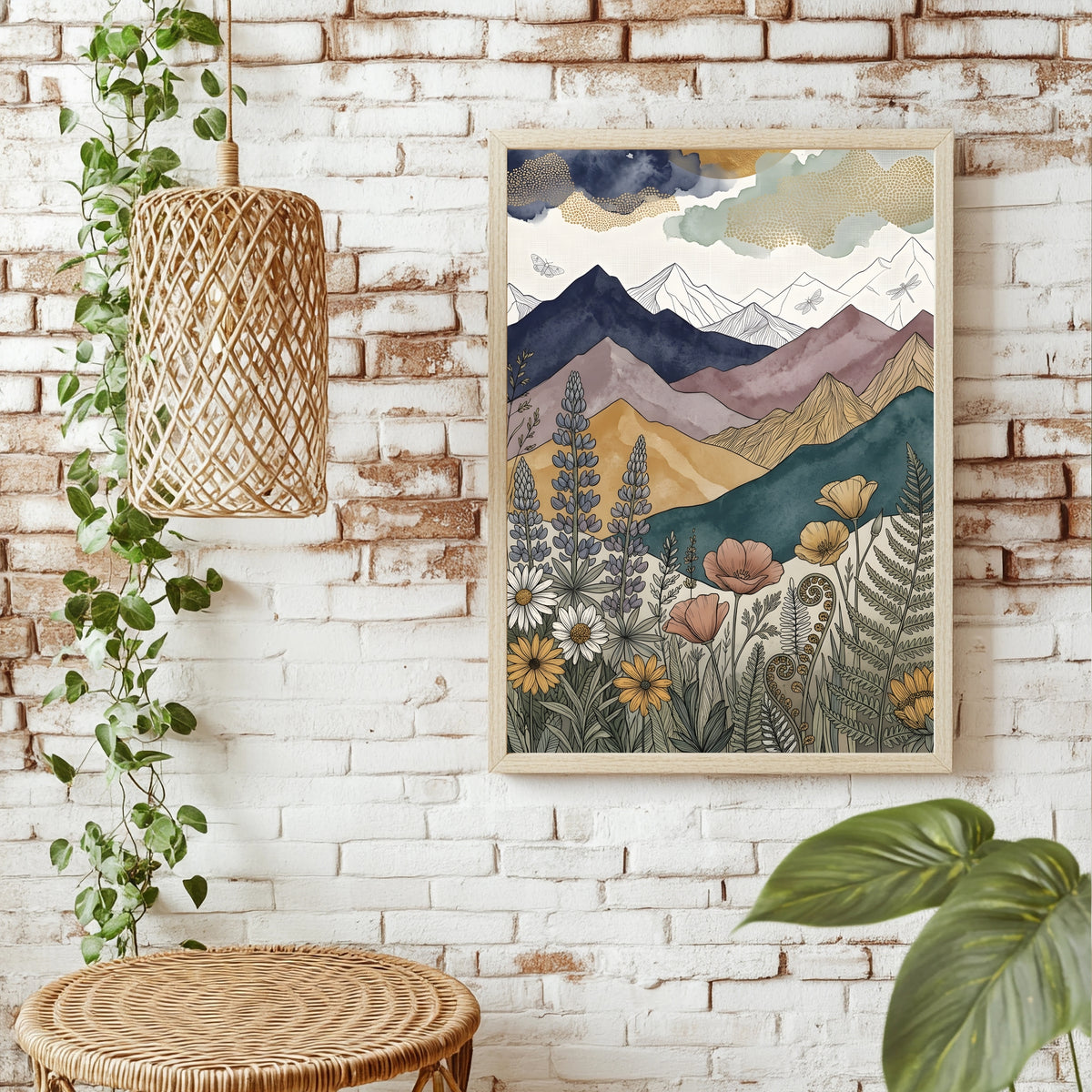 Boho Berglandschaft mit goldenem Mond, Libellen und türkisen Bergen