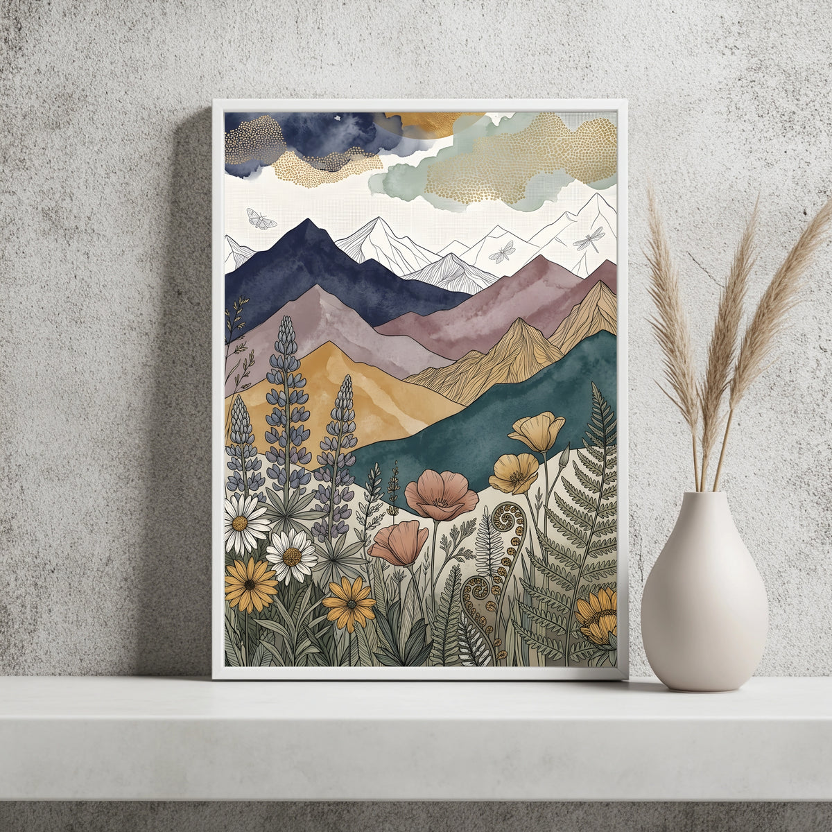 Boho Berglandschaft mit goldenem Mond, Libellen und türkisen Bergen