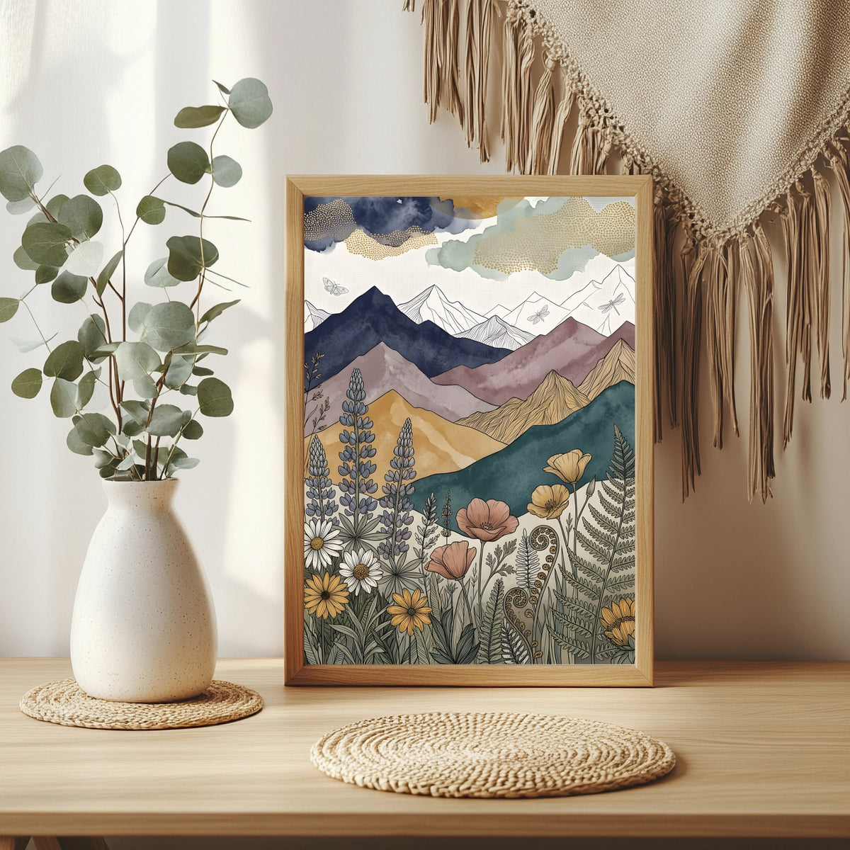 Boho Berglandschaft mit goldenem Mond, Libellen und türkisen Bergen