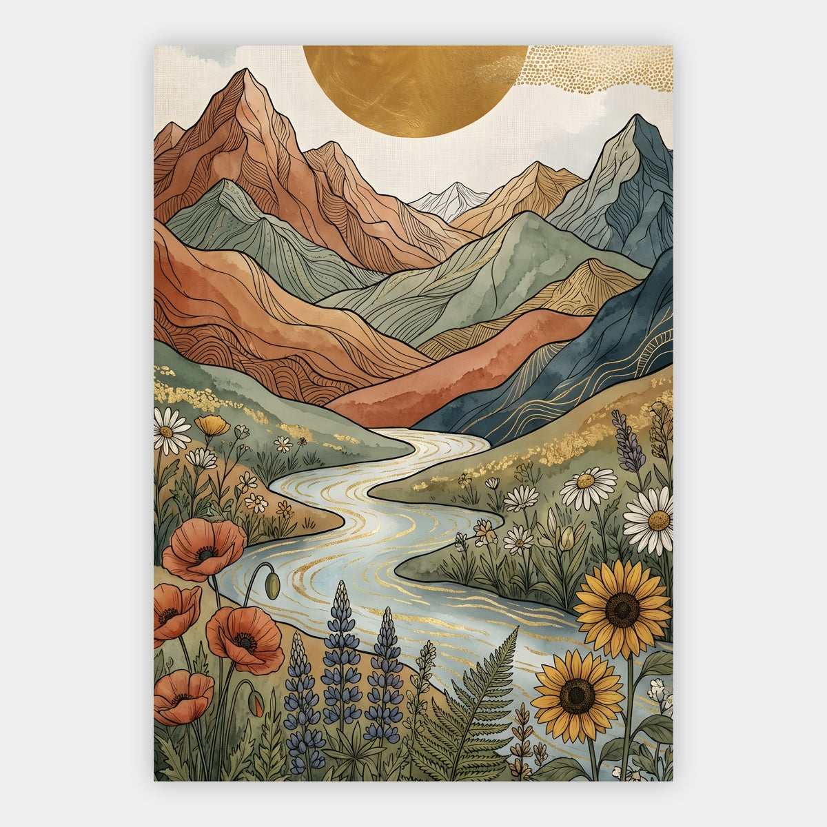 Boho Berglandschaft mit goldglänzendem Fluss und bunten Wildblumen