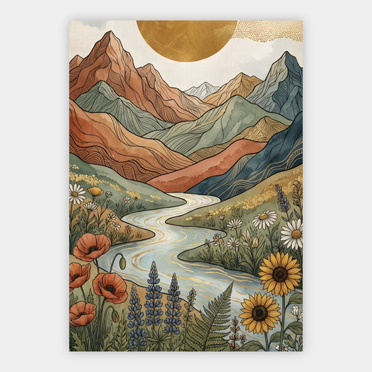 Boho Berglandschaft mit goldglänzendem Fluss und bunten Wildblumen