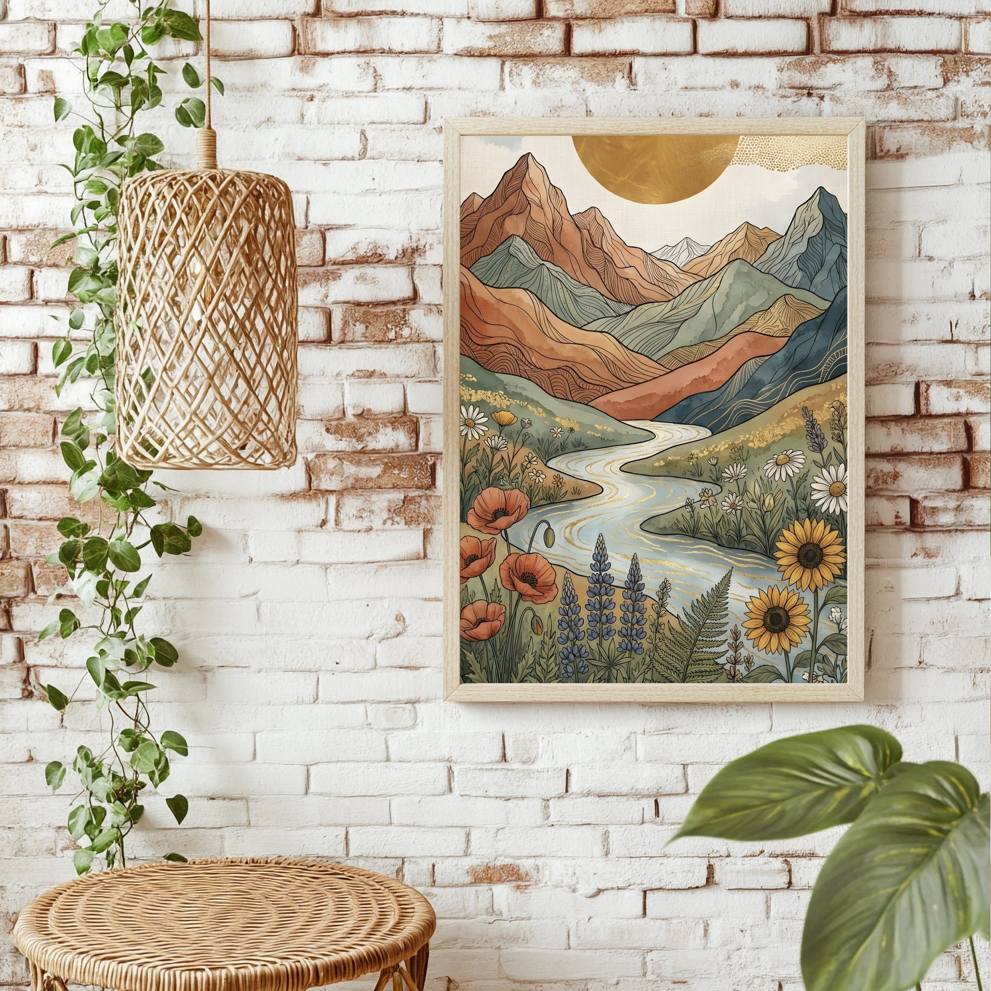 Boho Berglandschaft mit goldglänzendem Fluss und bunten Wildblumen