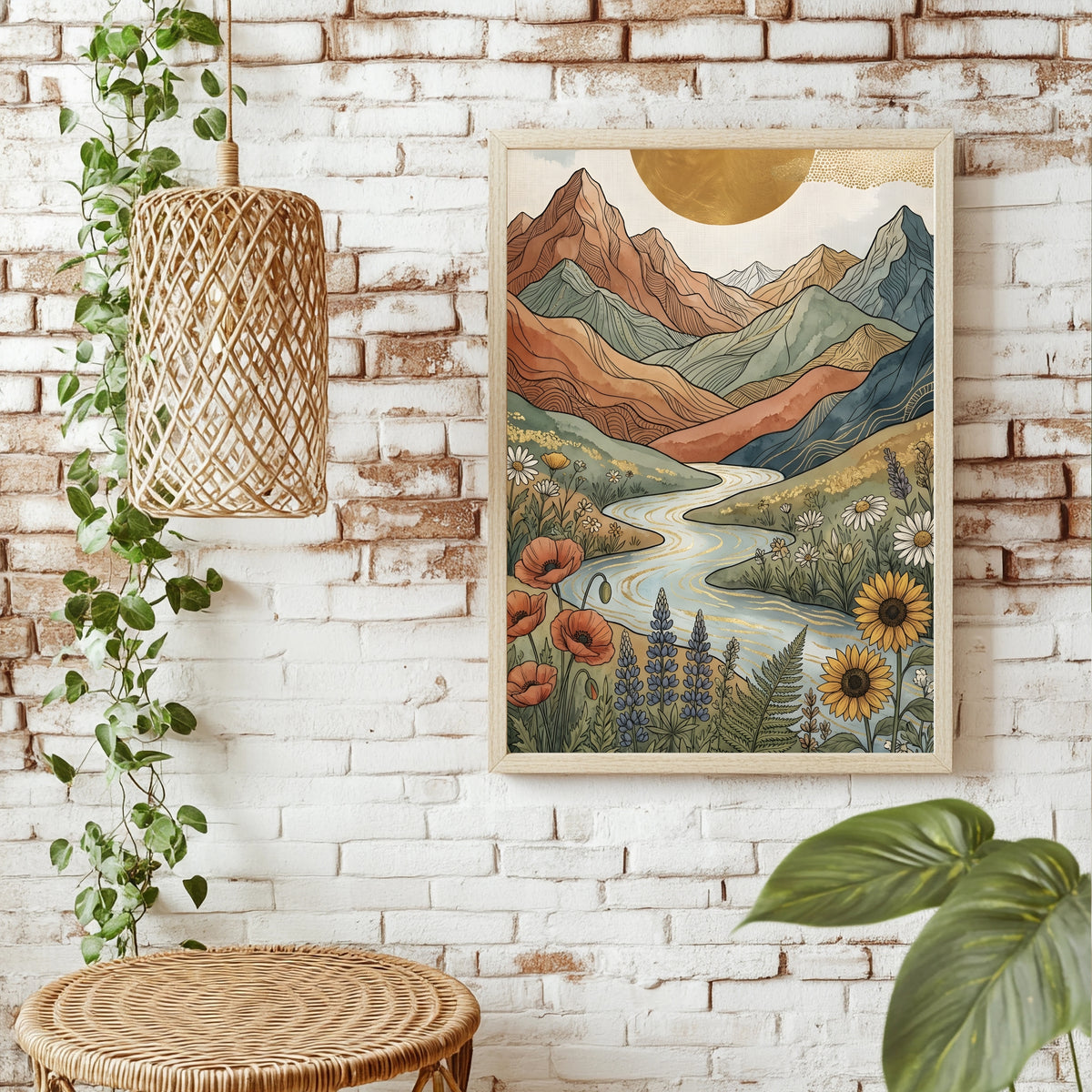 Boho Berglandschaft mit goldglänzendem Fluss und bunten Wildblumen