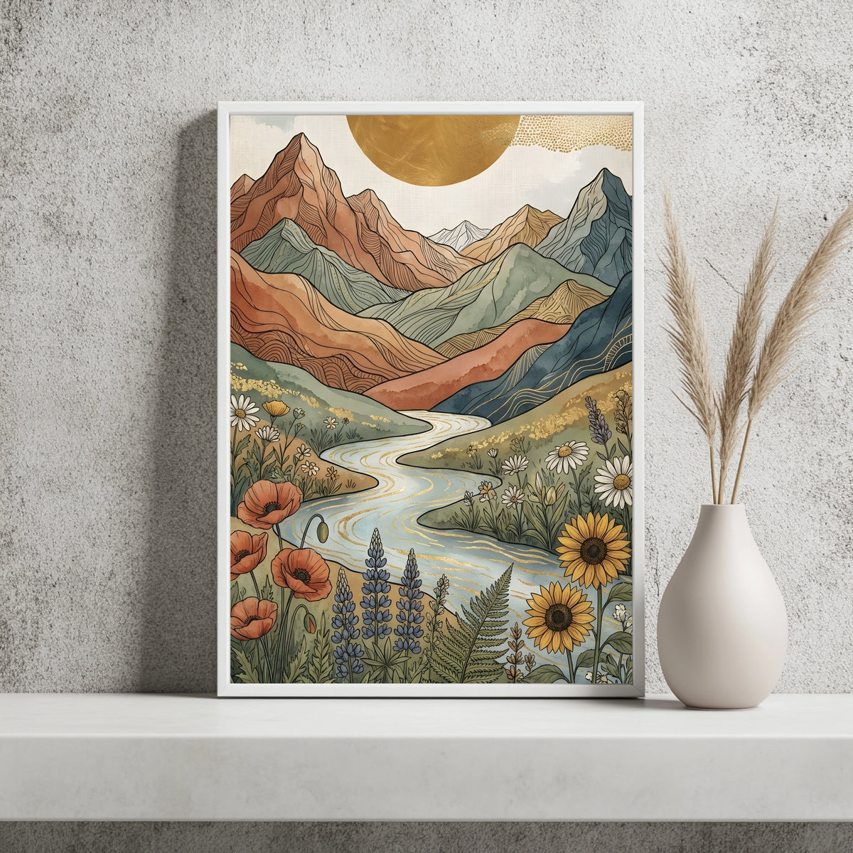 Boho Berglandschaft mit goldglänzendem Fluss und bunten Wildblumen