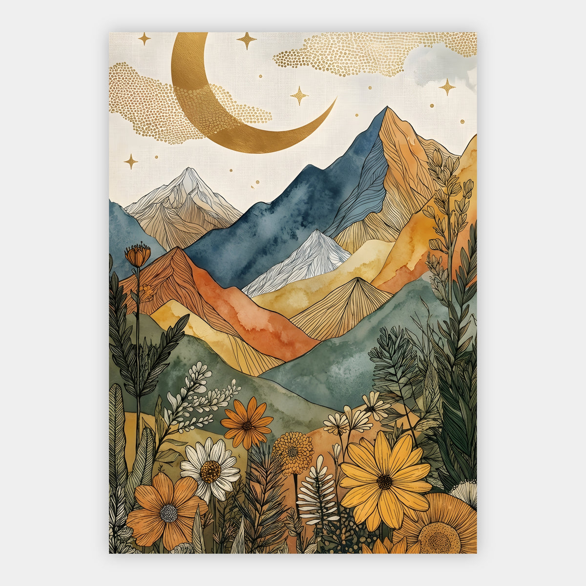 Boho Berglandschaft mit Sternenhimmel, Goldmond und Biene zwischen Wildblumen