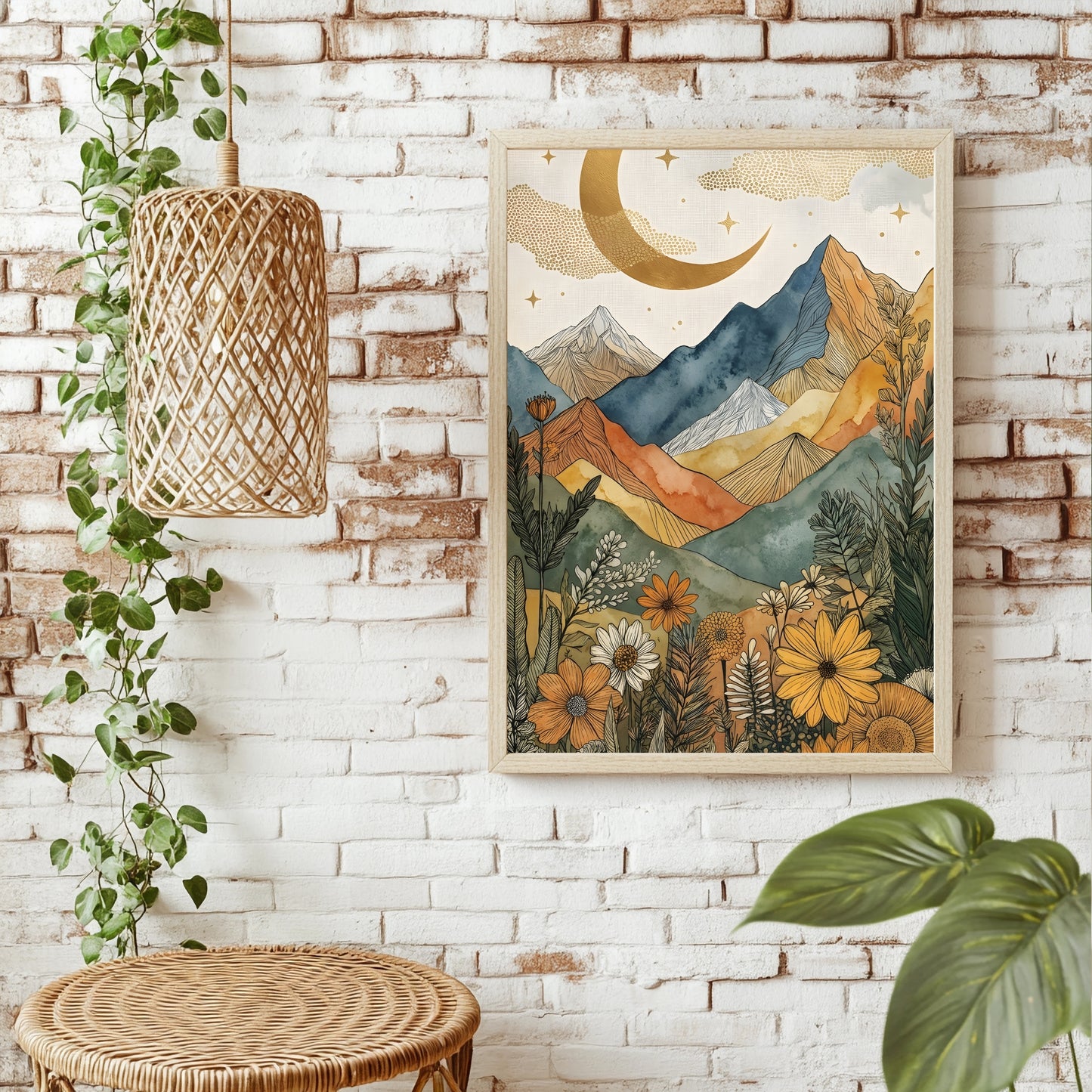 Boho Berglandschaft mit Sternenhimmel, Goldmond und Biene zwischen Wildblumen