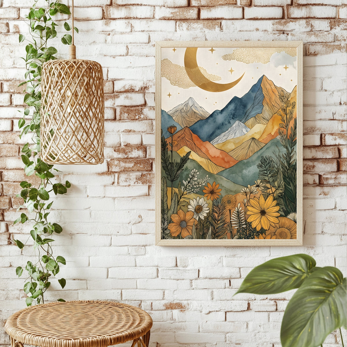Boho Berglandschaft mit Sternenhimmel, Goldmond und Biene zwischen Wildblumen