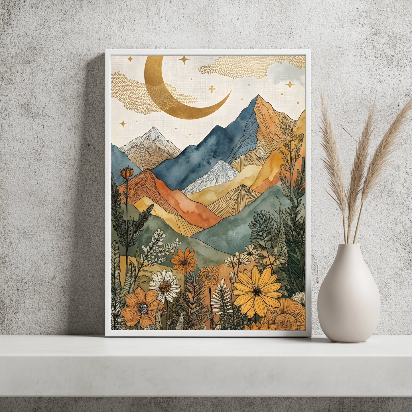 Boho Berglandschaft mit Sternenhimmel, Goldmond und Biene zwischen Wildblumen