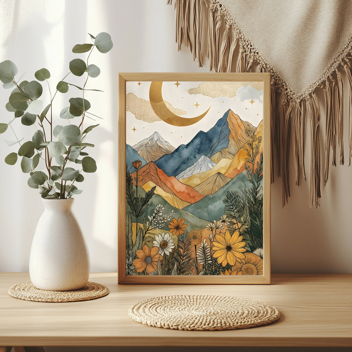 Boho Berglandschaft mit Sternenhimmel, Goldmond und Biene zwischen Wildblumen