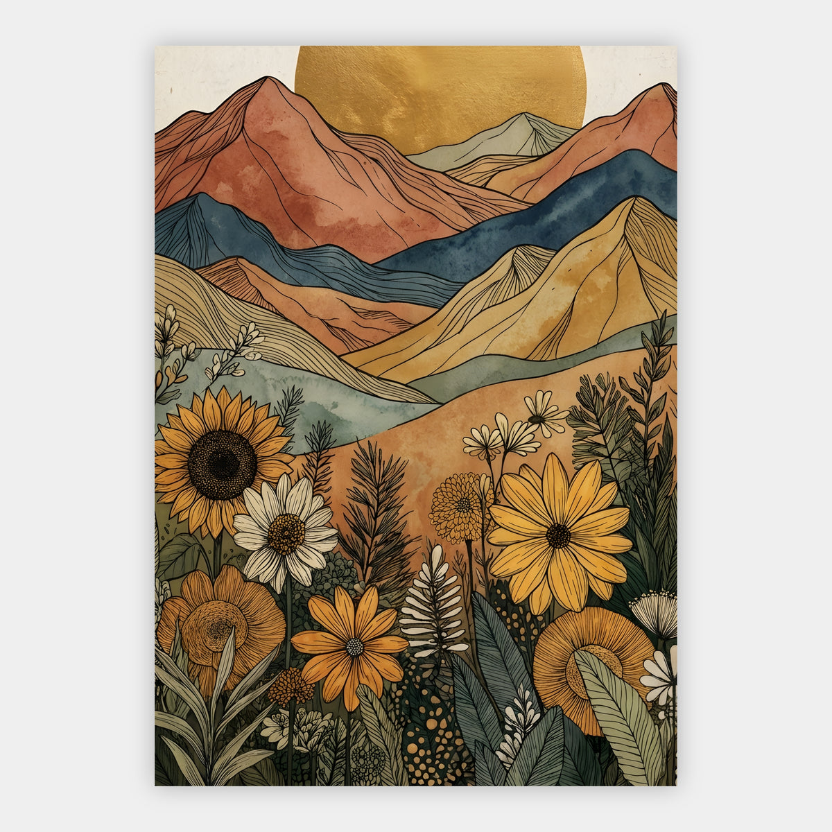 Boho Berglandschaft mit Goldsonne, Sonnenblumen und Dahlien