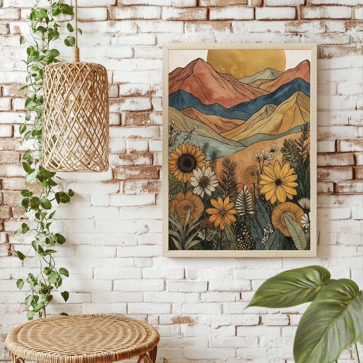 Boho Berglandschaft mit Goldsonne, Sonnenblumen und Dahlien