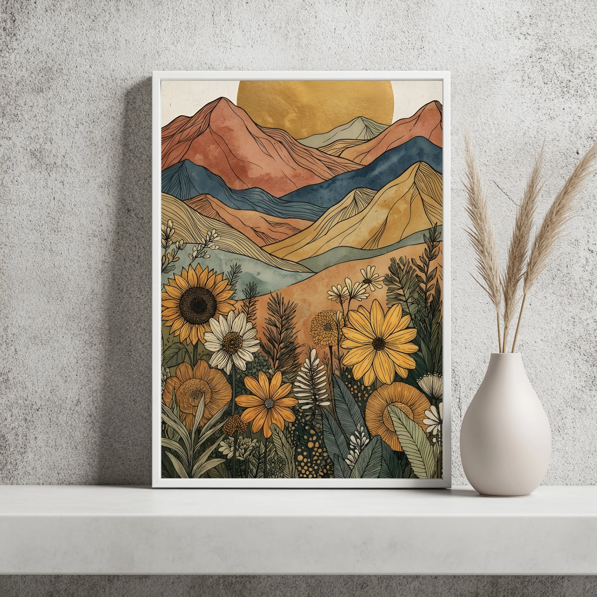 Boho Berglandschaft mit Goldsonne, Sonnenblumen und Dahlien