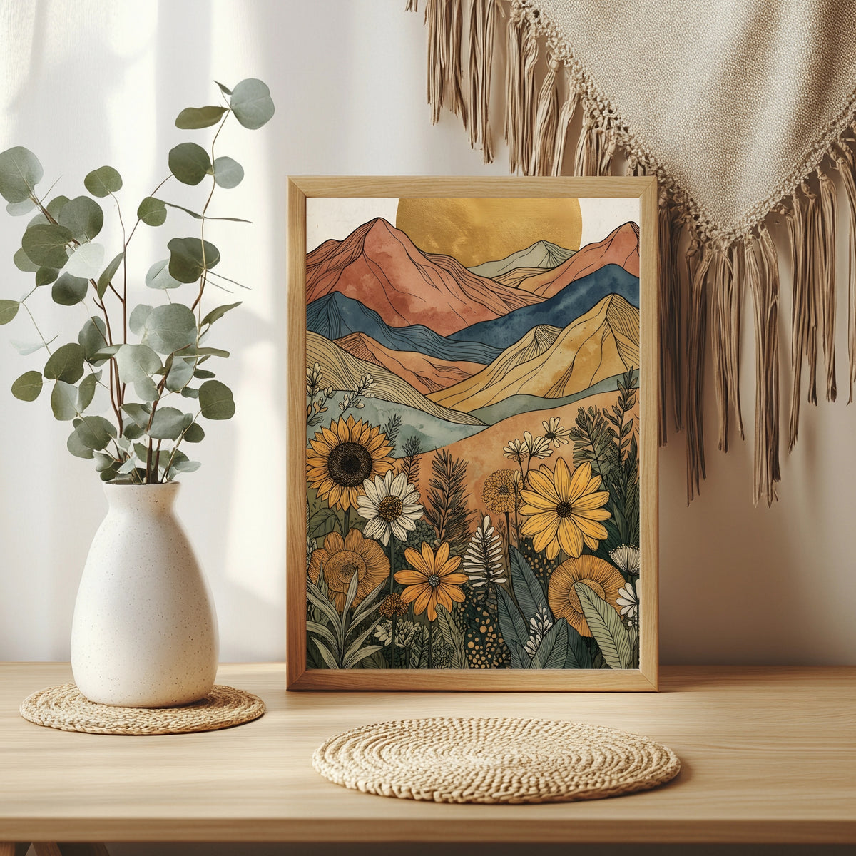 Boho Berglandschaft mit Goldsonne, Sonnenblumen und Dahlien