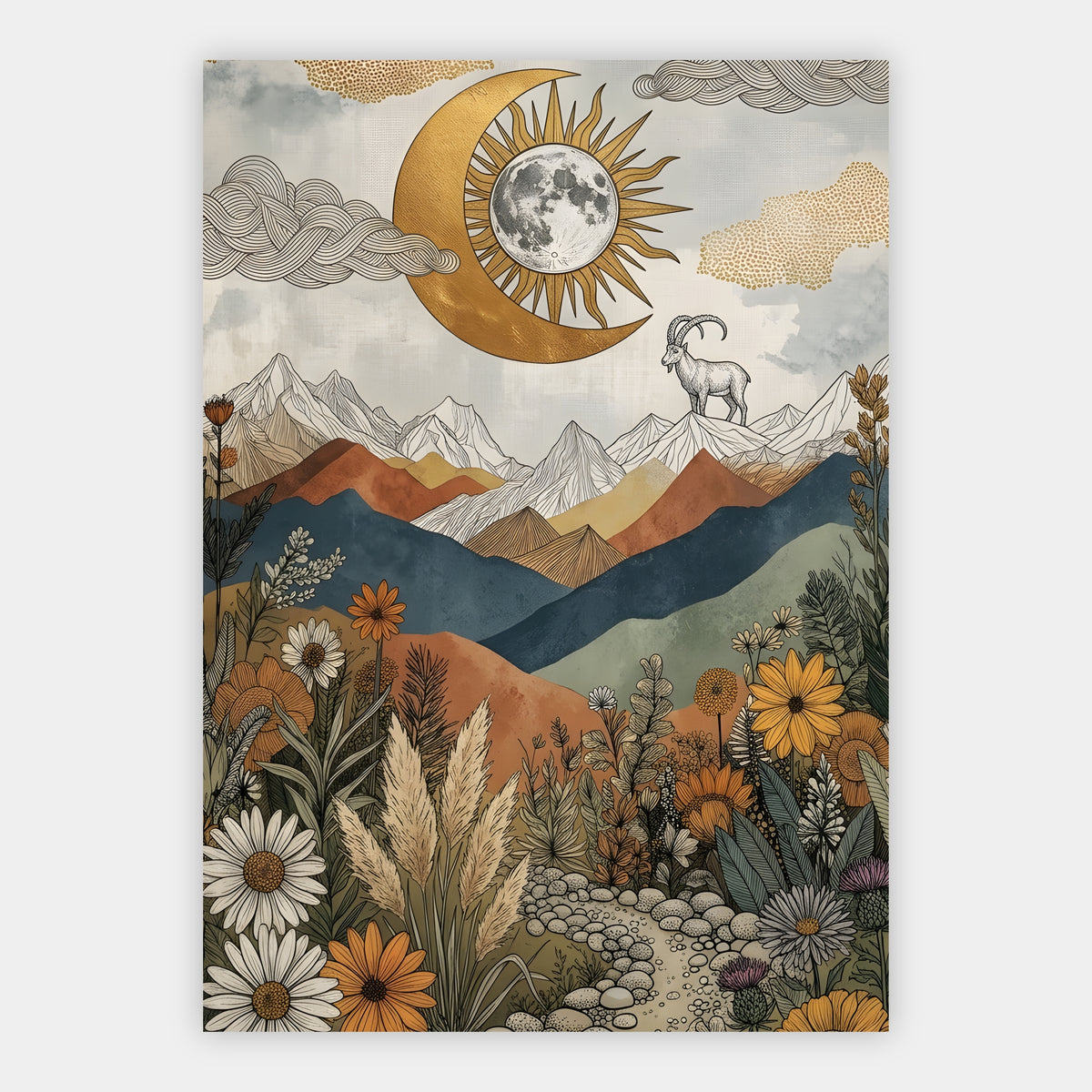 Steinbock auf einem Felsgrat unter goldenem Sonne-Mond-Emblem