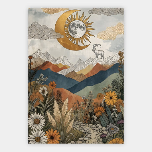 Steinbock auf einem Felsgrat unter goldenem Sonne-Mond-Emblem