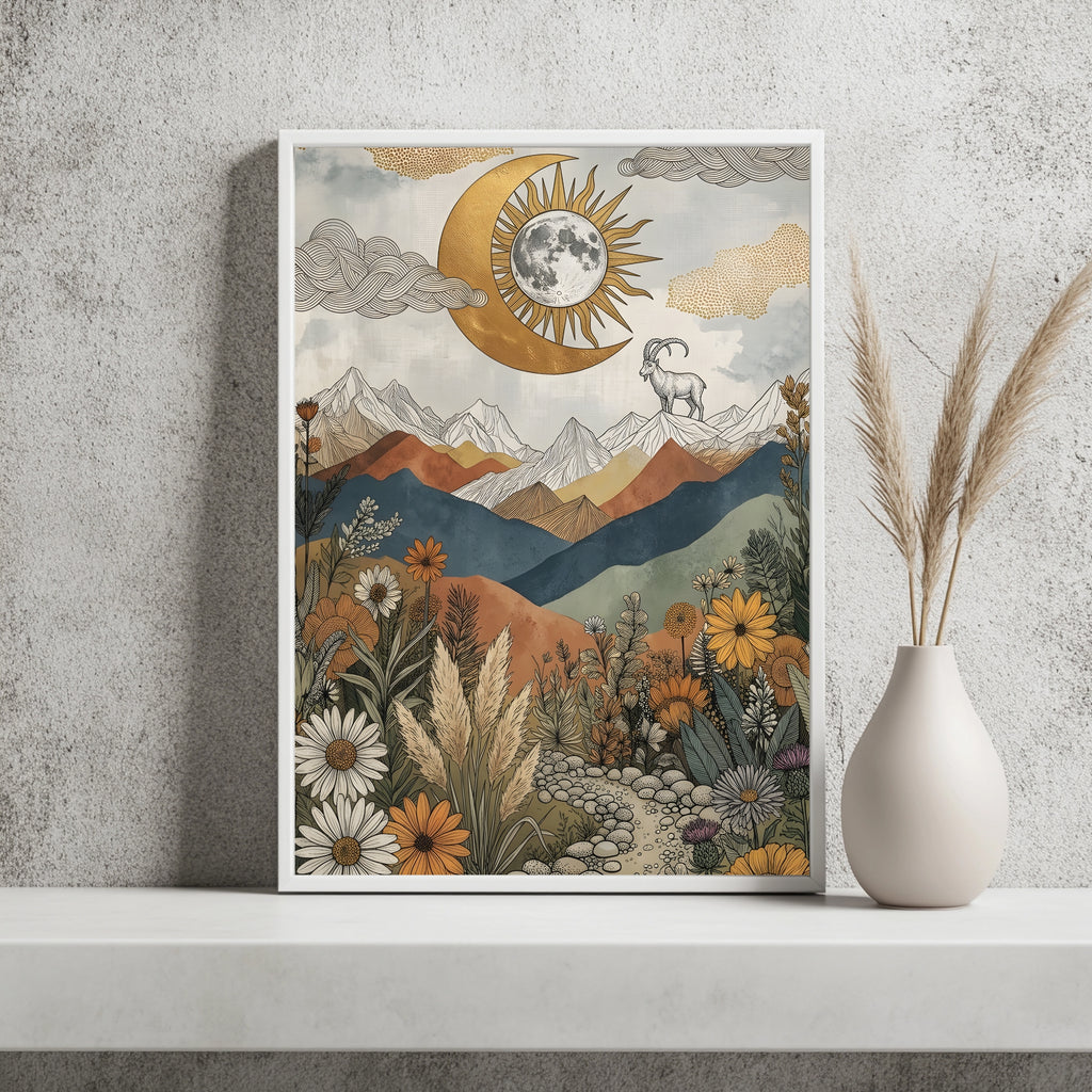 Steinbock auf einem Felsgrat unter goldenem Sonne-Mond-Emblem