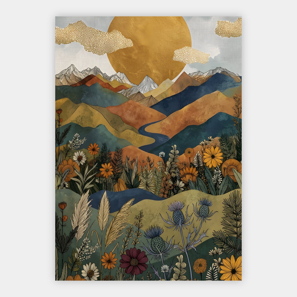 Boho Berglandschaft mit glänzendem Fluss und Sonnenblumen im Vordergrund