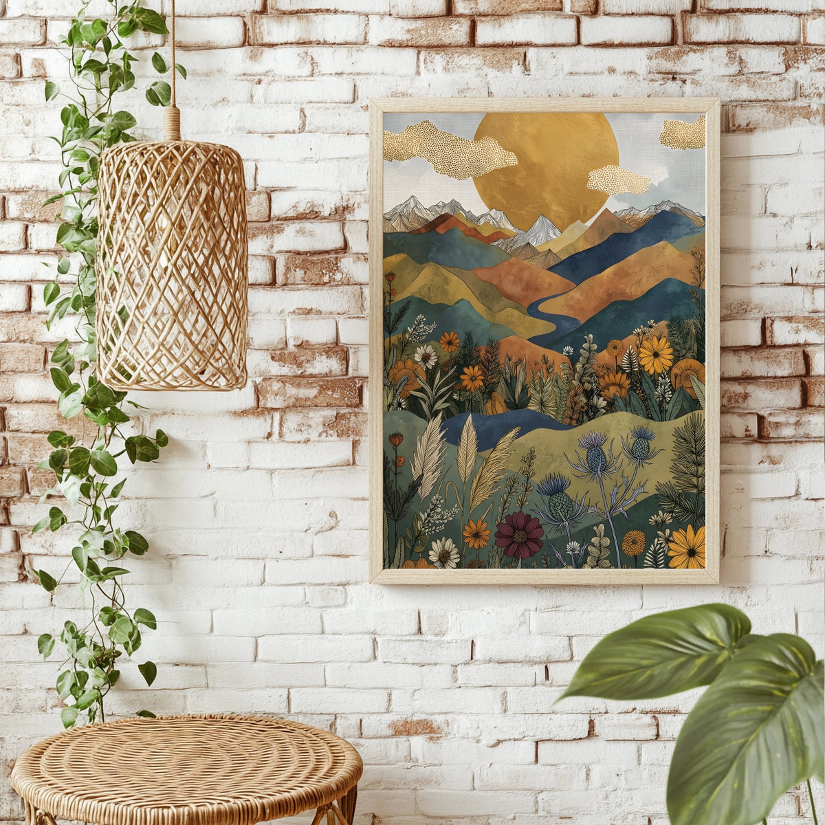 Boho Berglandschaft mit glänzendem Fluss und Sonnenblumen im Vordergrund