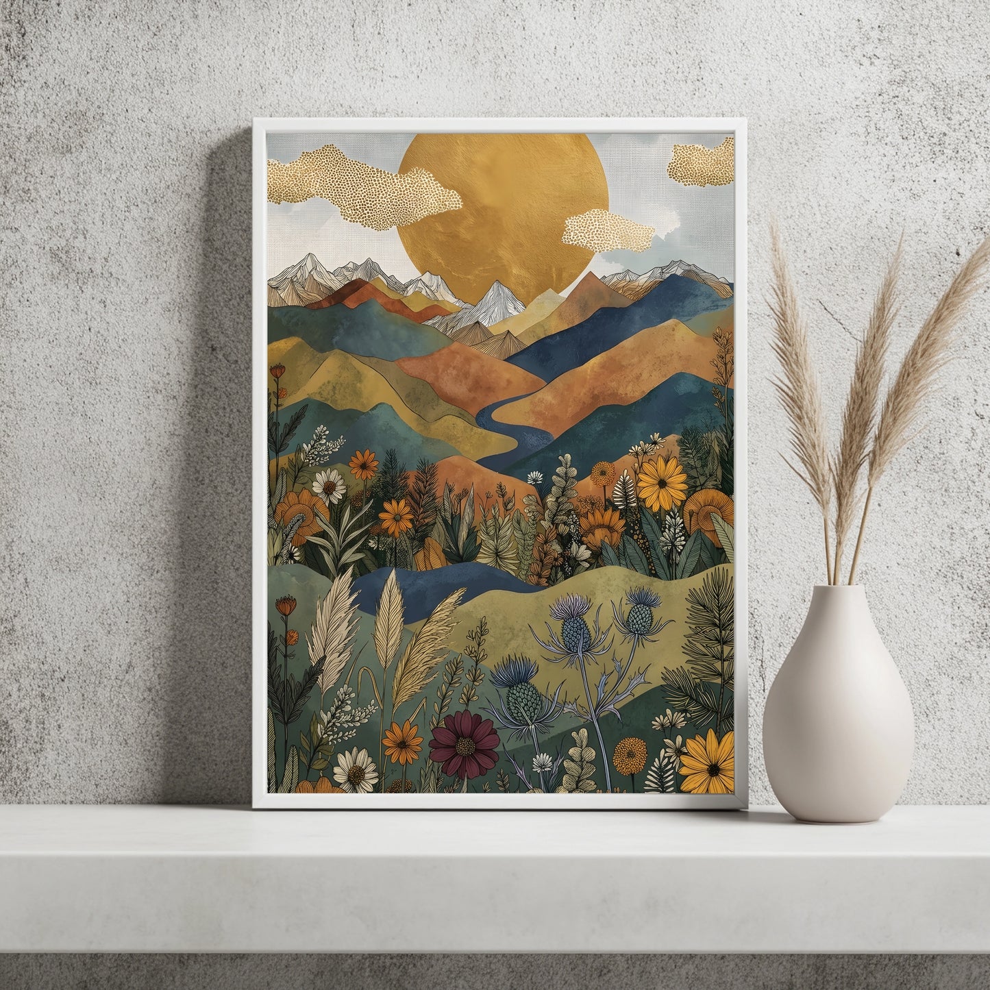 Boho Berglandschaft mit glänzendem Fluss und Sonnenblumen im Vordergrund