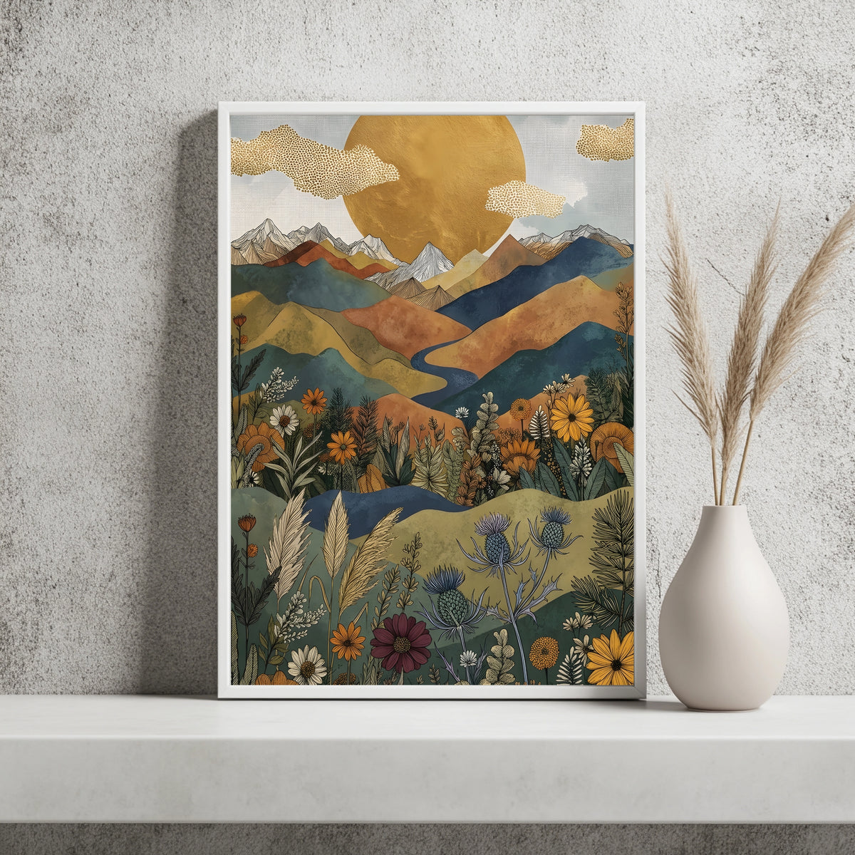 Boho Berglandschaft mit glänzendem Fluss und Sonnenblumen im Vordergrund