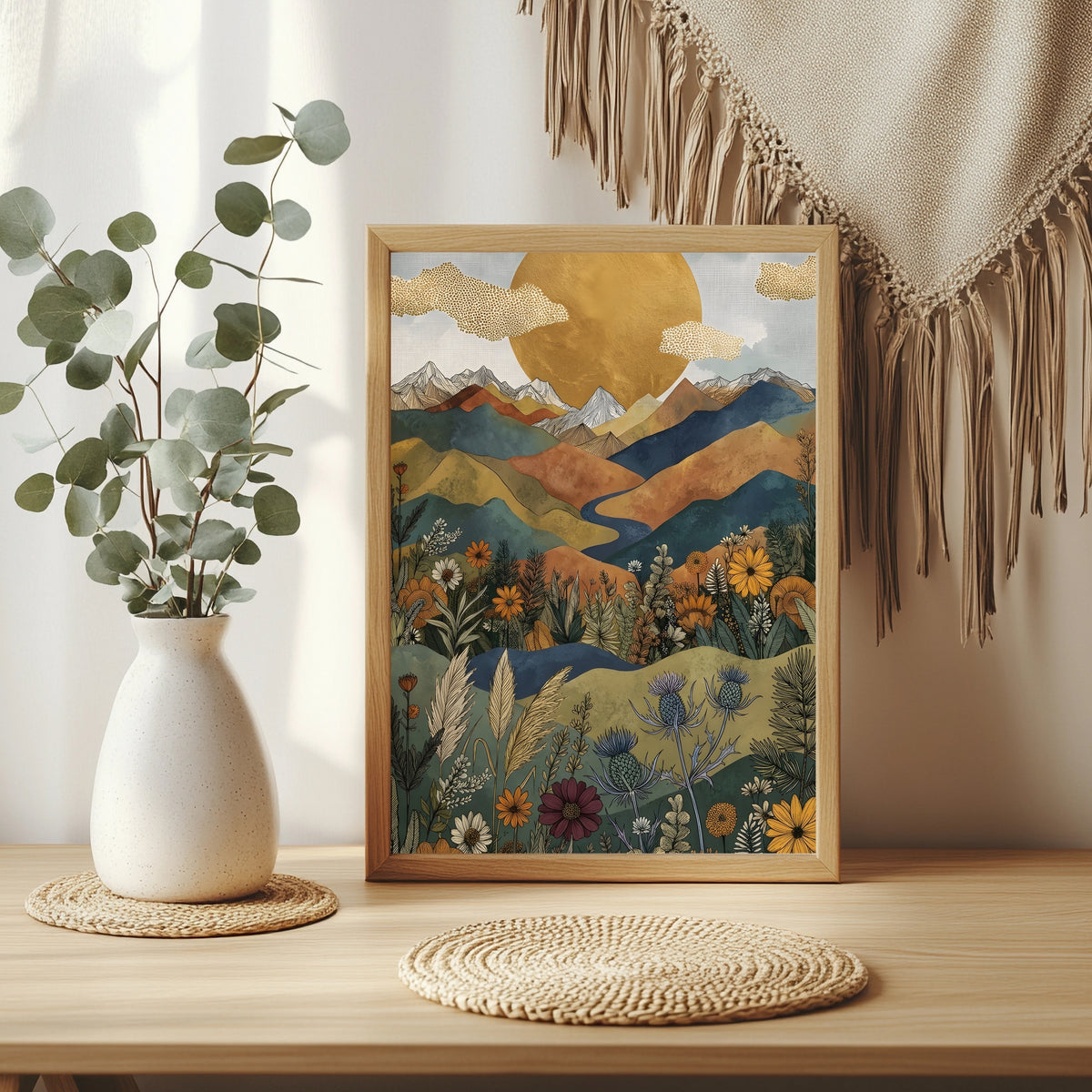 Boho Berglandschaft mit glänzendem Fluss und Sonnenblumen im Vordergrund