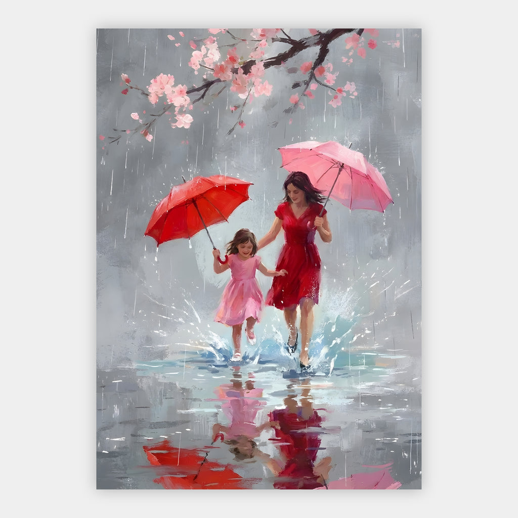 Mutter und Tochter springen mit Regenschirmen durch Pfützen unter Kirschblüten
