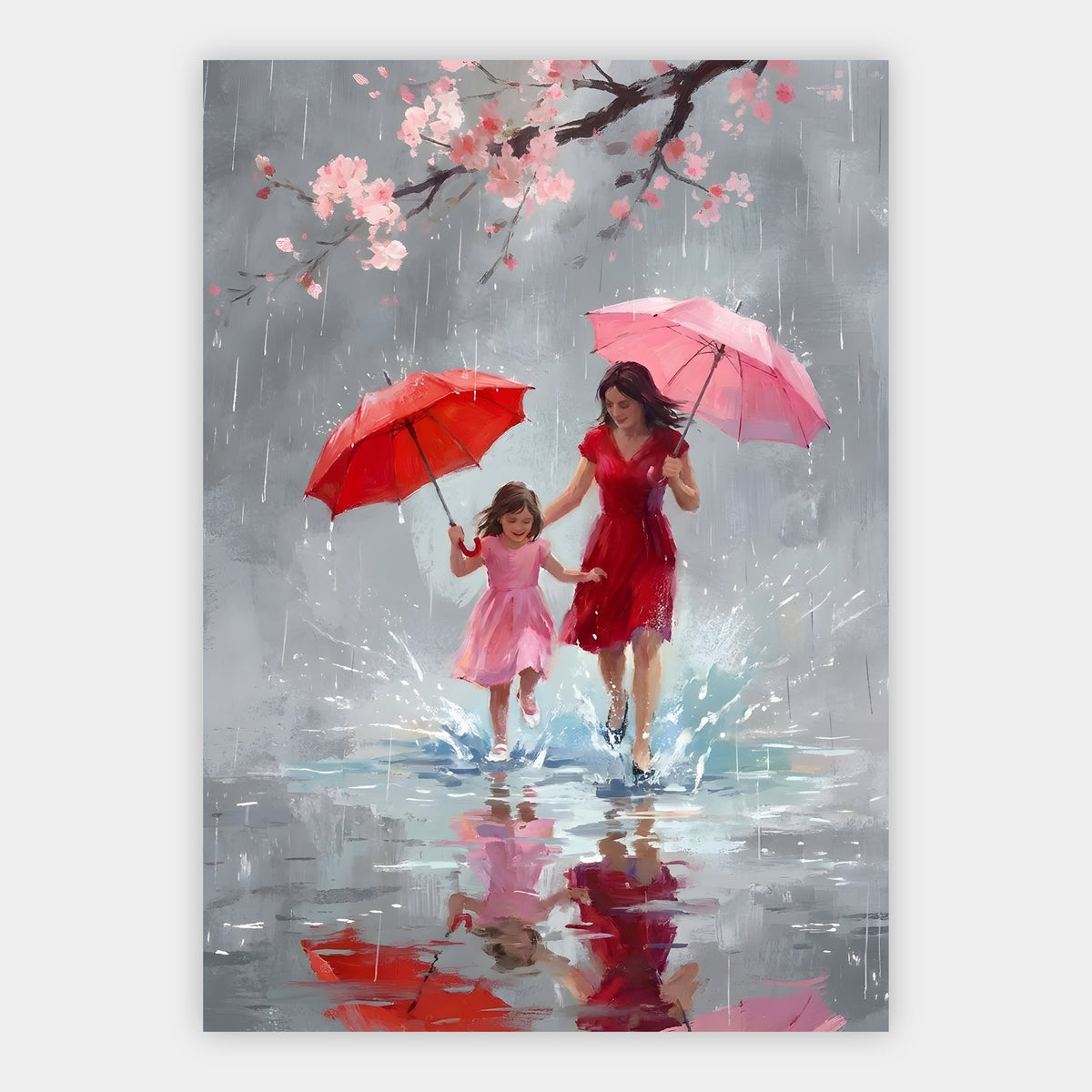 Mutter und Tochter springen mit Regenschirmen durch Pfützen unter Kirschblüten