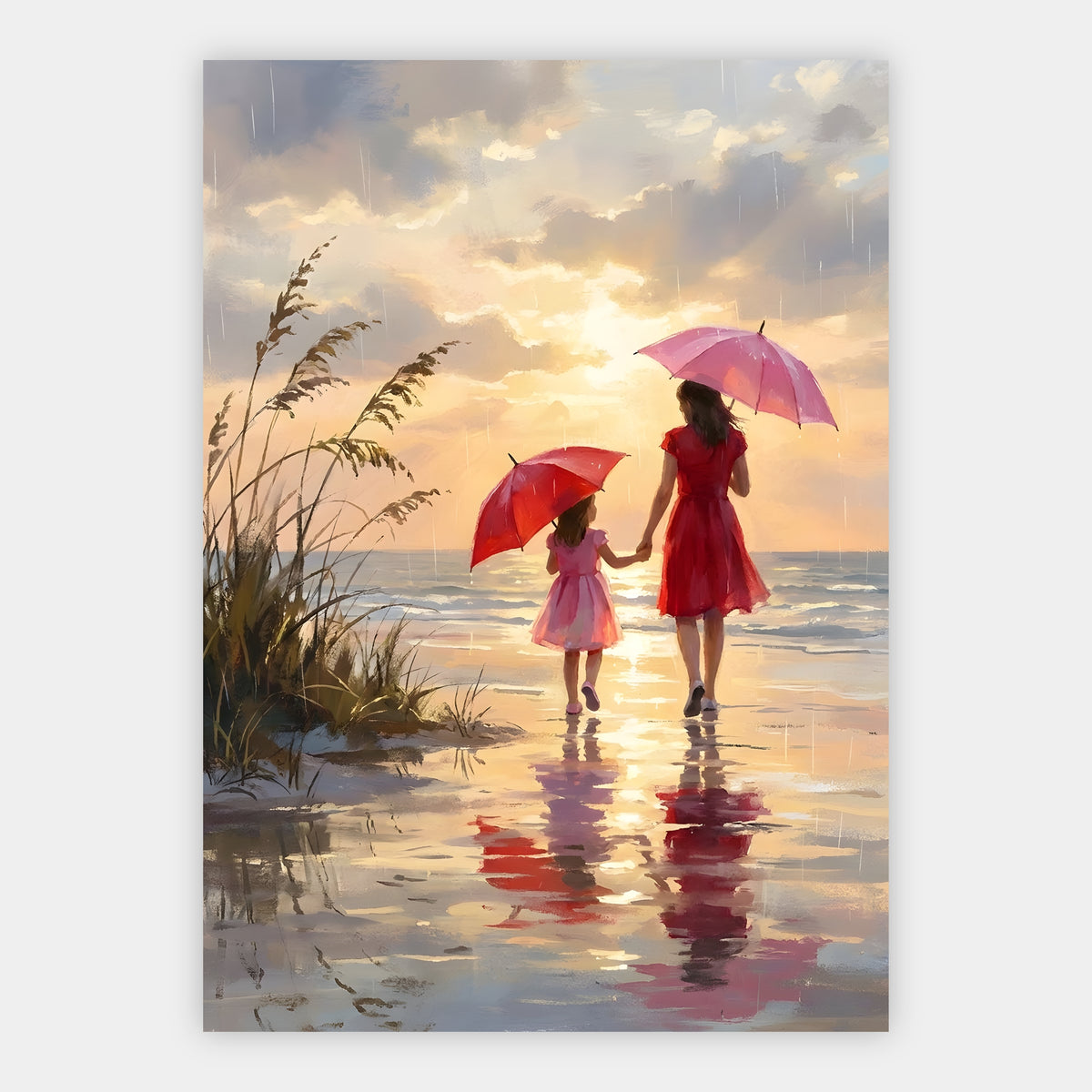 Mutter und Tochter mit Regenschirmen am Strand bei Sonnenuntergang