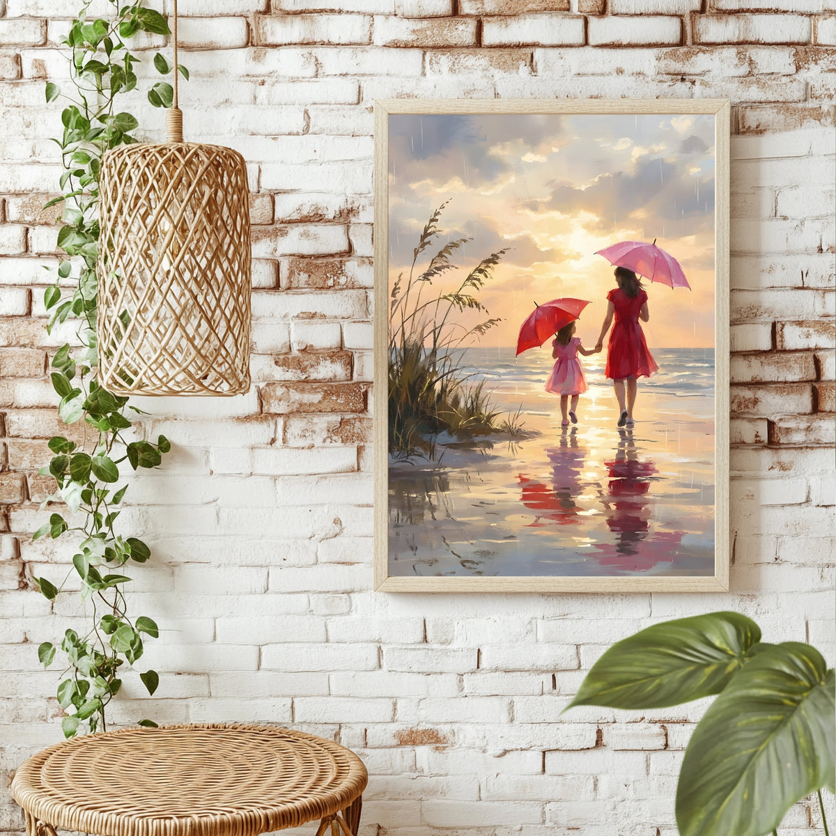 Mutter und Tochter mit Regenschirmen am Strand bei Sonnenuntergang