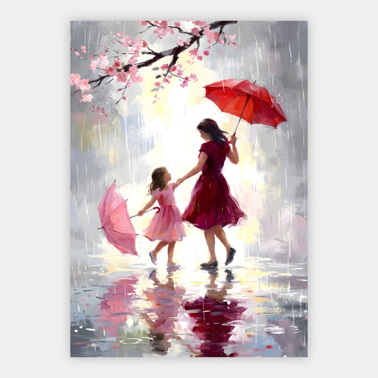Mutter und Tochter gehen Hand in Hand im Regen unter Kirschblütenzweigen