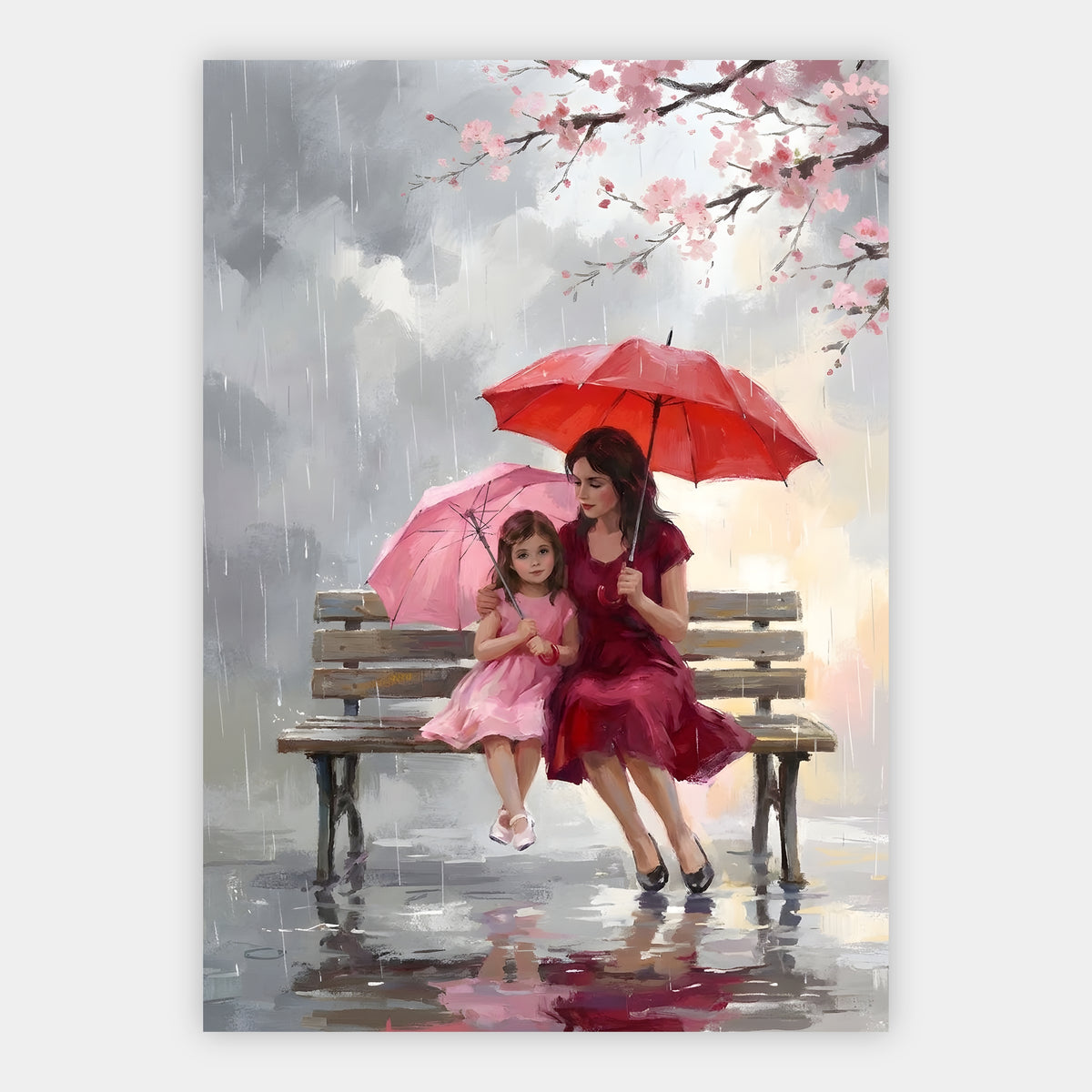 Mutter und Tochter in einer regennassen Gasse mit Laternen und Kirschblüten