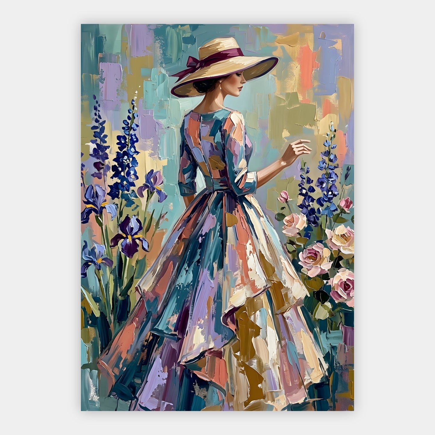 Gemälde einer Frau mit Sonnenhut zwischen Iris und Rosen im Garten