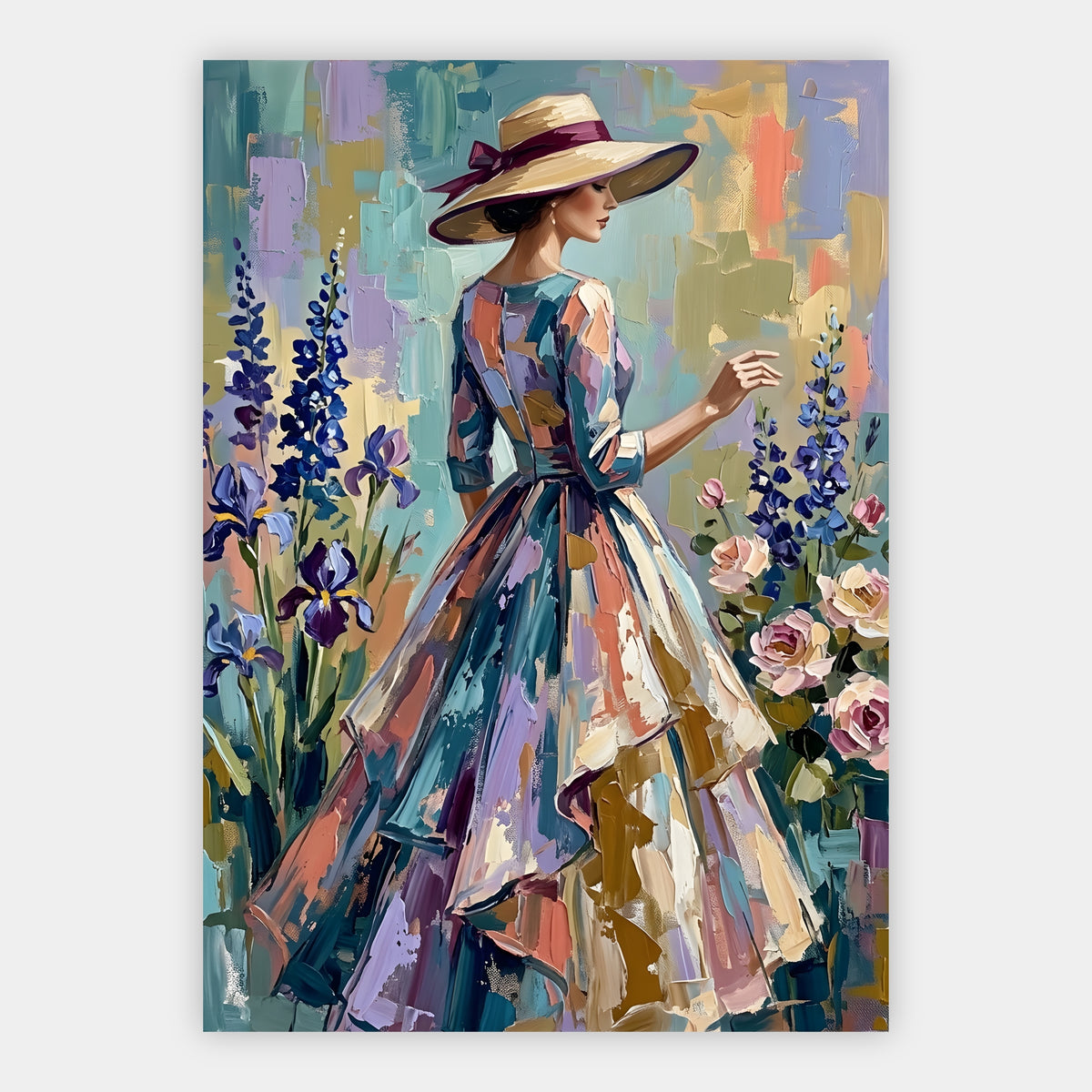 Gemälde einer Frau mit Sonnenhut zwischen Iris und Rosen im Garten