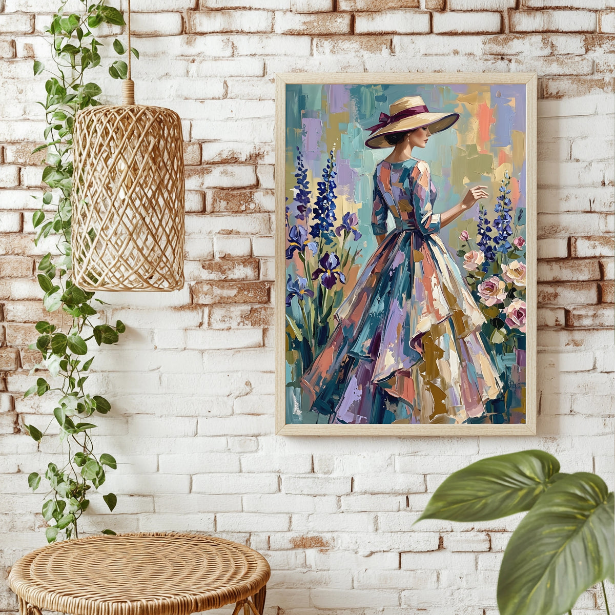 Gemälde einer Frau mit Sonnenhut zwischen Iris und Rosen im Garten