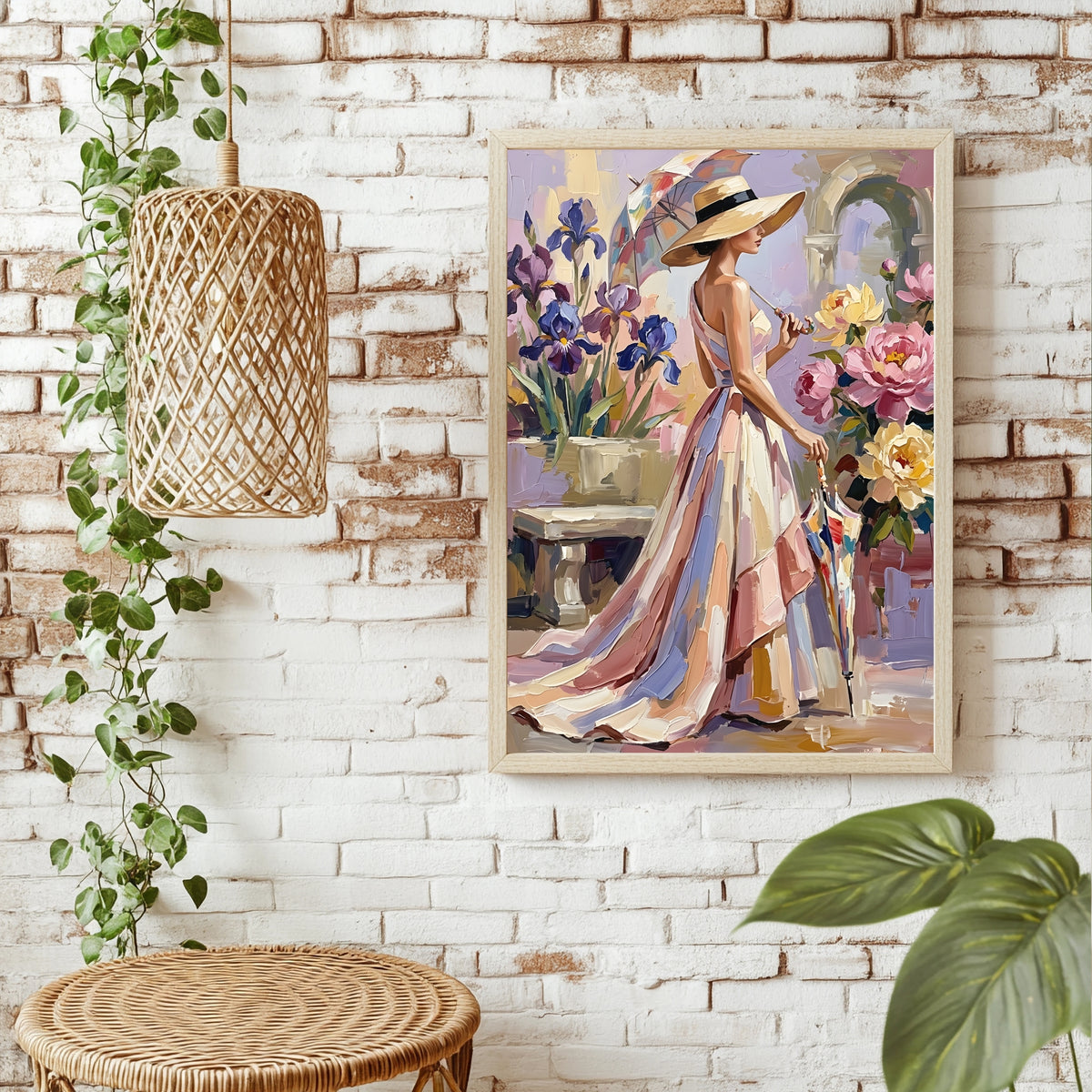 Gemälde einer Frau mit Sonnenschirm zwischen Iris und Pfingstrosen