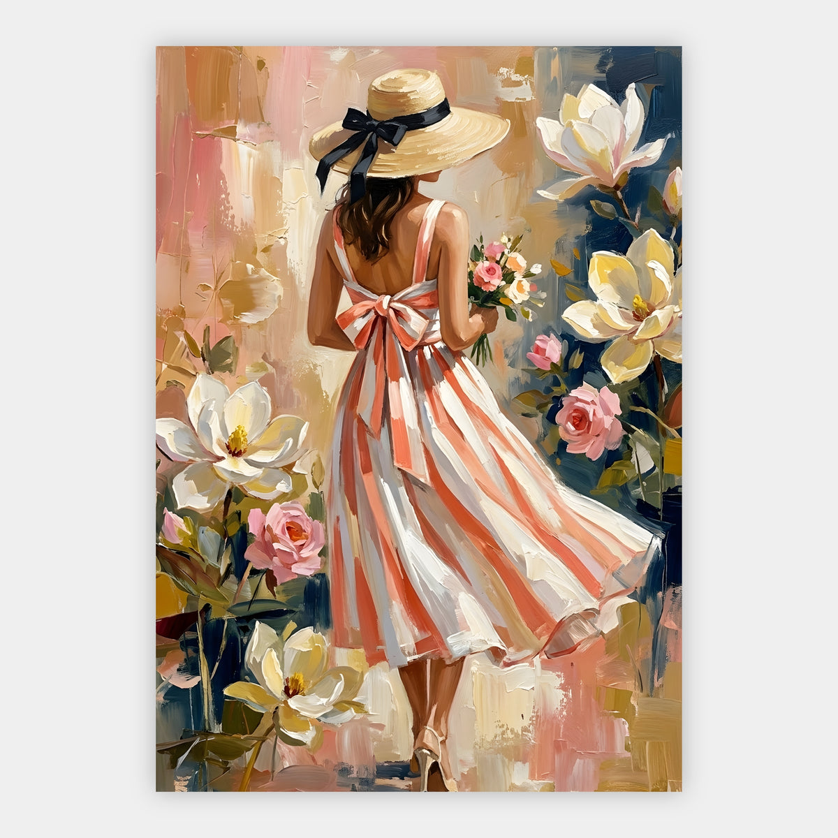 Gemälde einer Frau im gestreiften Kleid neben blühenden Magnolien