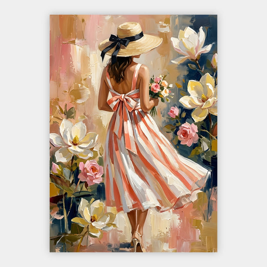 Gemälde einer Frau im gestreiften Kleid neben blühenden Magnolien
