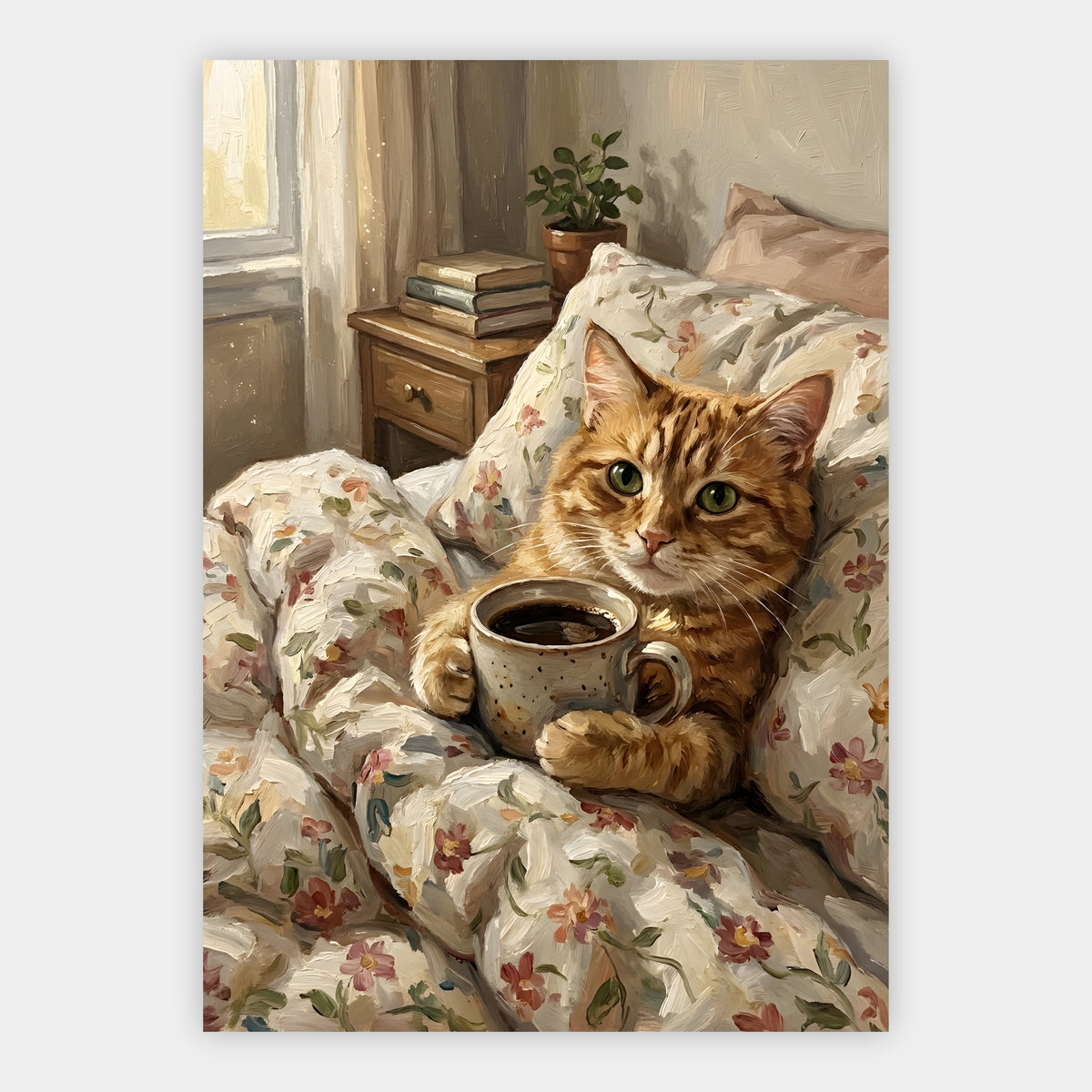Rot getigerte Katze hält eine Kaffeetasse in blumig gemusterter Bettwäsche
