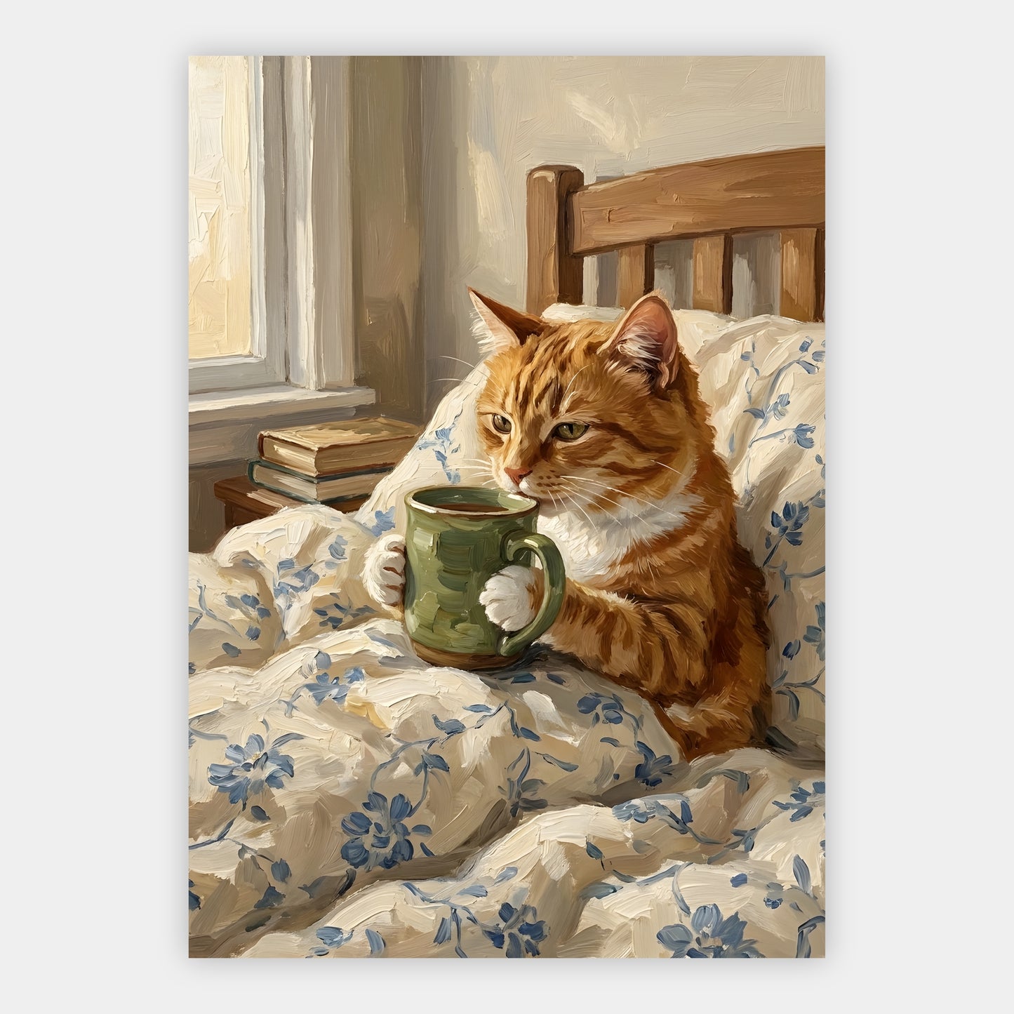 Getigerte Katze hält eine Teetasse in einem Holzbett mit blauer Bettwäsche