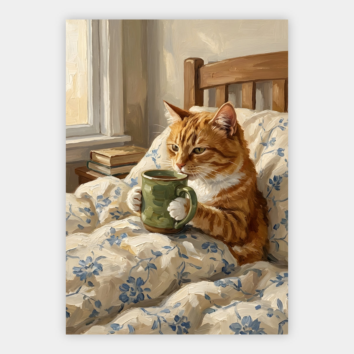 Getigerte Katze hält eine Teetasse in einem Holzbett mit blauer Bettwäsche