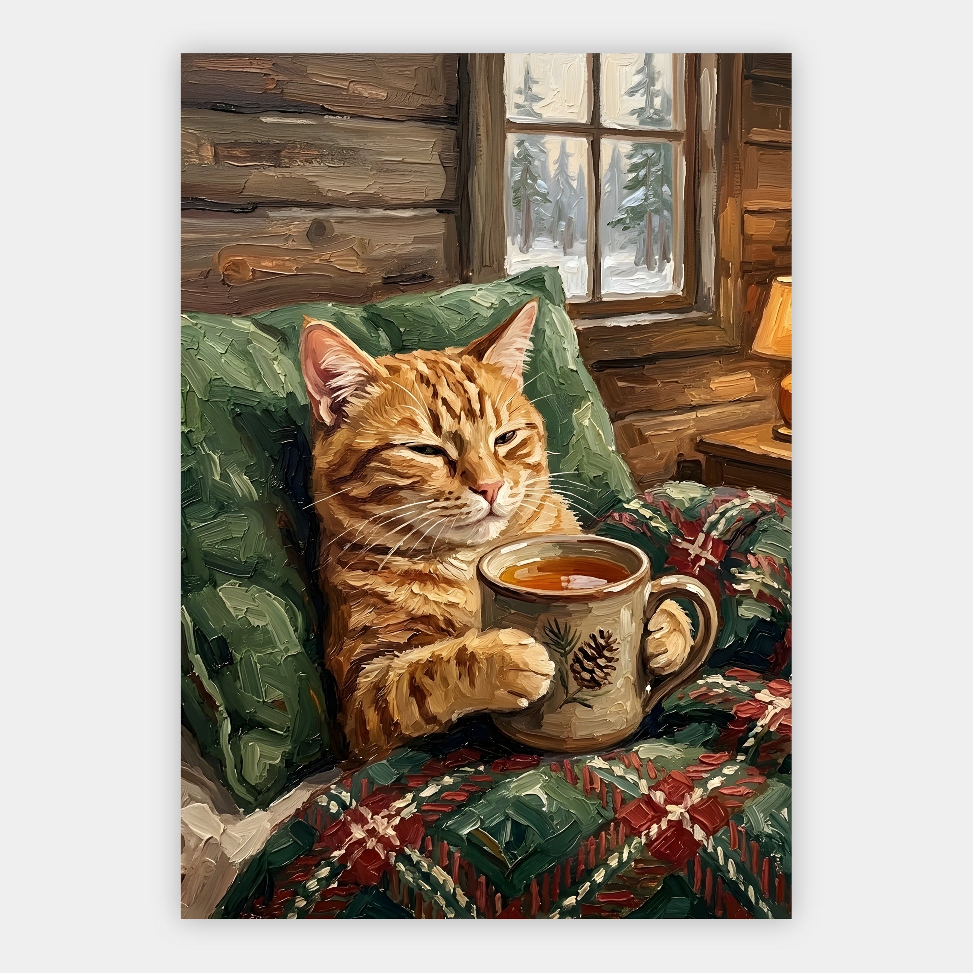 Getigerte Katze mit Teetasse in einer winterlichen Berghütte