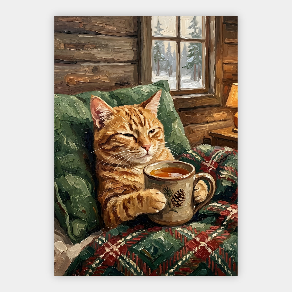 Getigerte Katze mit Teetasse in einer winterlichen Berghütte