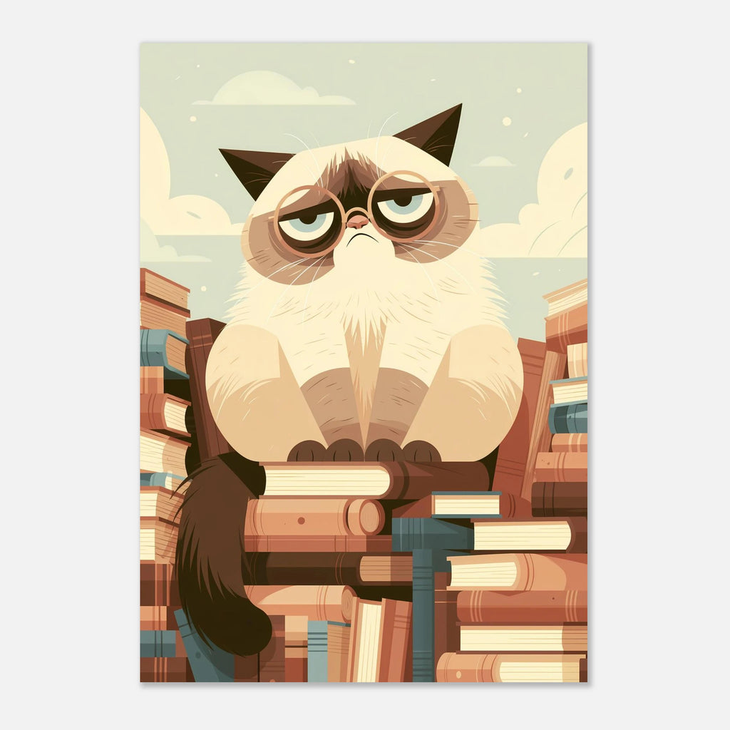 Grantige Katze auf dem Bücherstapel Poster – Produktansicht 3